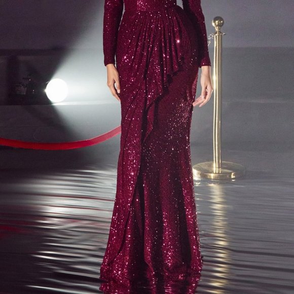 SEQUIN OFF THE SHOULDER LONG SLEEVE GOWN MOTHER OF BRIDE PROM PARTY DRESS cd135 - Picture 3 of 8